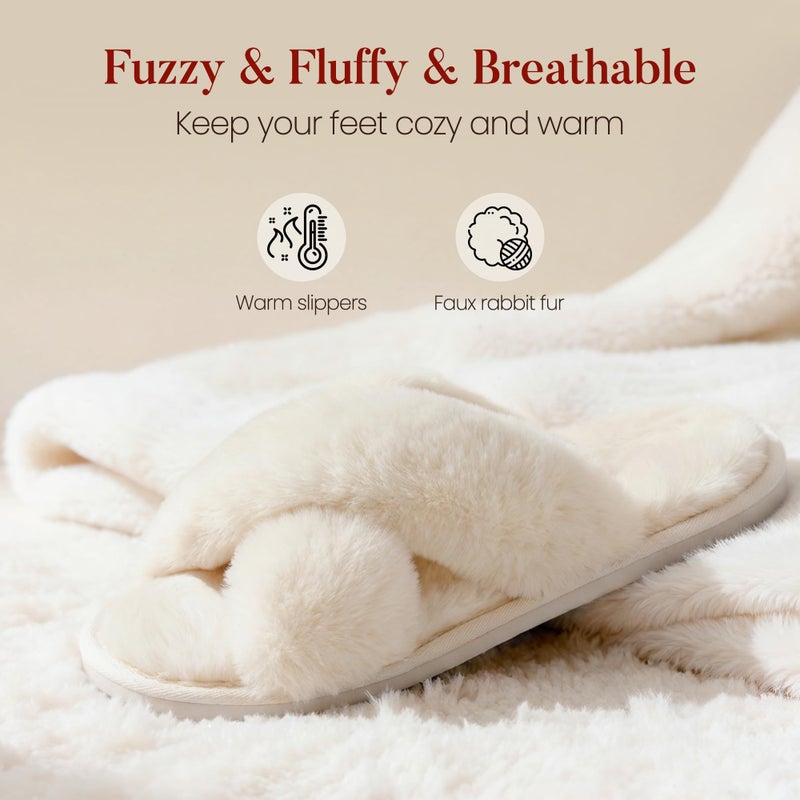 Ankis Womens White Fuzzy Slippers Memory Foam Cross Band Cozy House Slippers Plush Home Bedroom Fluffy Furry Open Toe Cute Soft Ladies Indoor Outdoor Soft Slipper Slides Wedding Bride Shoes Gifts - Image 3