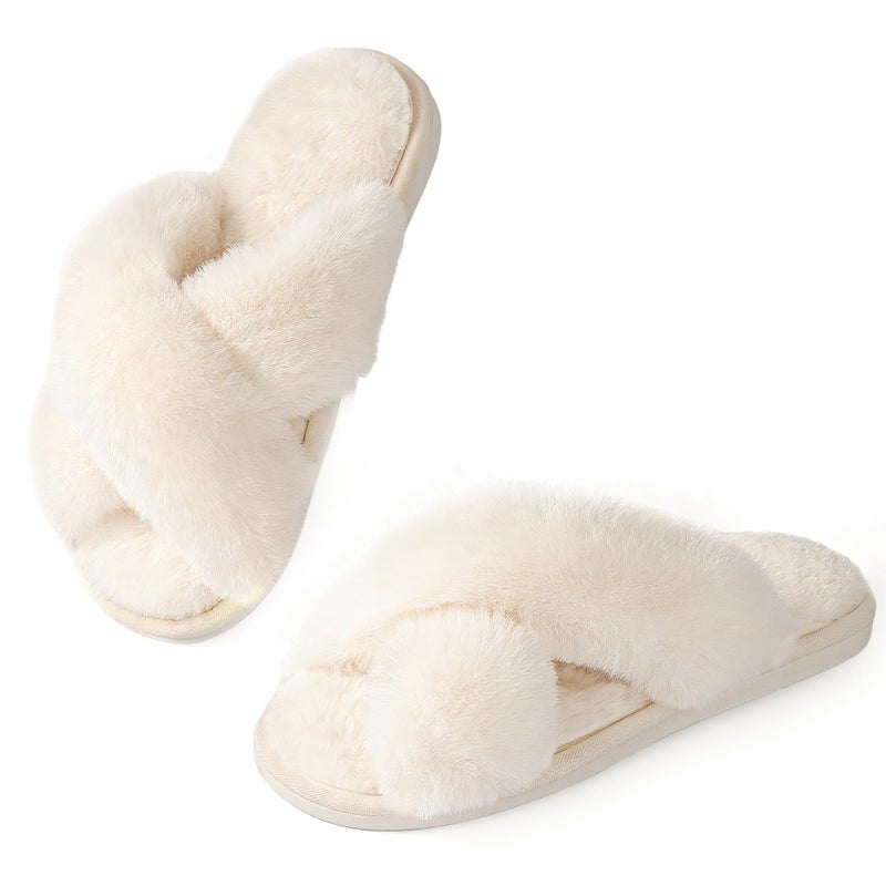 Ankis Womens White Fuzzy Slippers Memory Foam Cross Band Cozy House Slippers Plush Home Bedroom Fluffy Furry Open Toe Cute Soft Ladies Indoor Outdoor Soft Slipper Slides Wedding Bride Shoes Gifts - Image 1