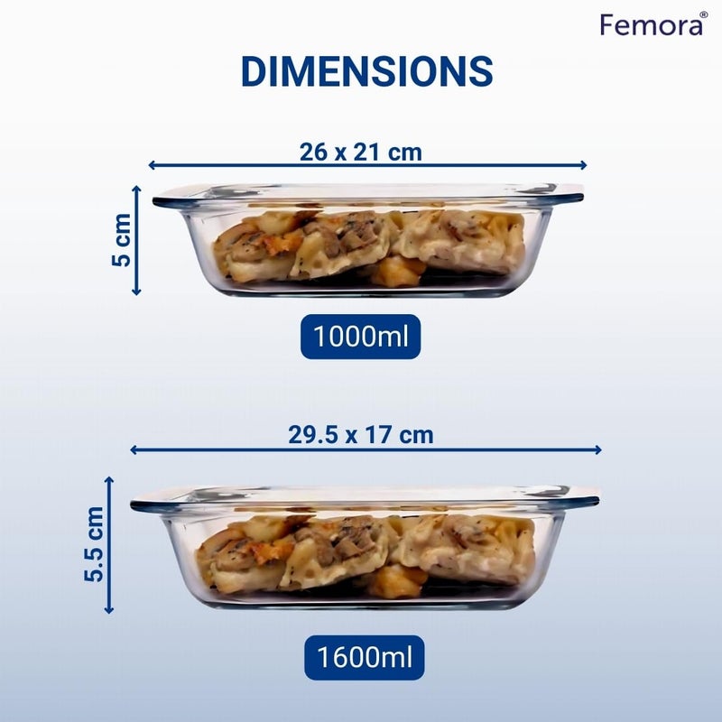 Femora Borosilicate Glass Baking Dish 1 Year Warranty Microwave Safe Baking Tray for Microwave Oven Oven Safe Cookware Baking Dish for Oven Transparent Rectangle Set of 21000 ml 1600ml - Image 4