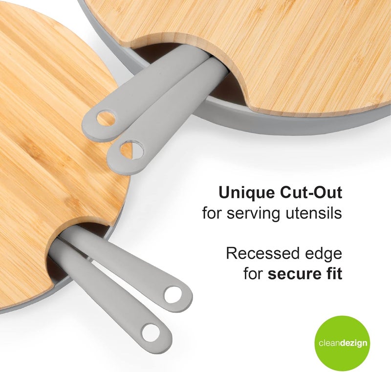 Clean Dezign Large Salad and Serving Bowl with Bamboo Wood Lid and Servers 8pc Set  115 and 8 Bamboo Fiber Pasta Bowls and Utensils with Wooden Cutting Board Tops Grey  - Image 2