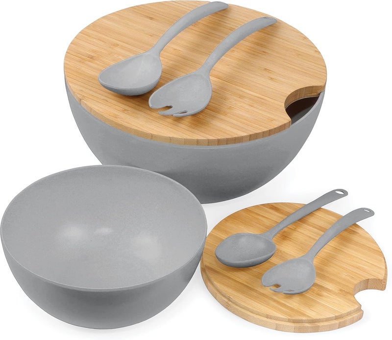 Clean Dezign Large Salad and Serving Bowl with Bamboo Wood Lid and Servers 8pc Set  115 and 8 Bamboo Fiber Pasta Bowls and Utensils with Wooden Cutting Board Tops Grey  - Image 1