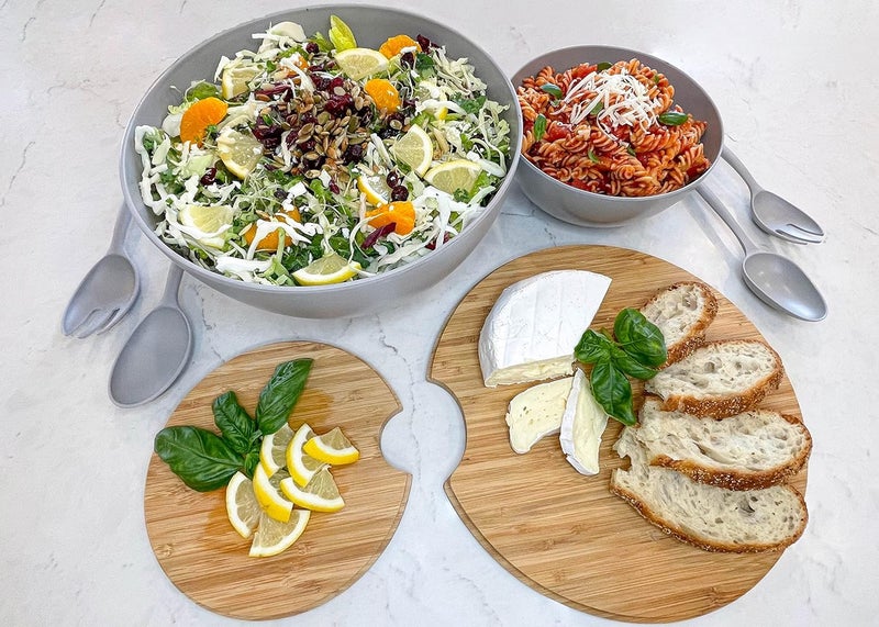 Clean Dezign Large Salad and Serving Bowl with Bamboo Wood Lid and Servers 8pc Set  115 and 8 Bamboo Fiber Pasta Bowls and Utensils with Wooden Cutting Board Tops Grey  - Image 4