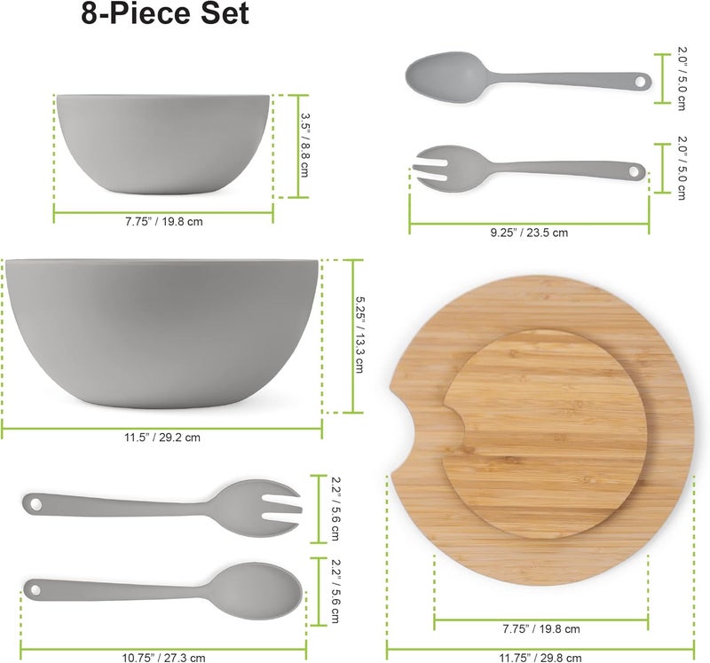 Clean Dezign Large Salad and Serving Bowl with Bamboo Wood Lid and Servers 8pc Set  115 and 8 Bamboo Fiber Pasta Bowls and Utensils with Wooden Cutting Board Tops Grey  - Image 5