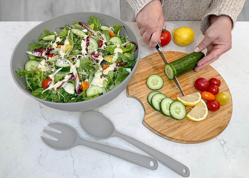 Clean Dezign Large Salad and Serving Bowl with Bamboo Wood Lid and Servers 8pc Set  115 and 8 Bamboo Fiber Pasta Bowls and Utensils with Wooden Cutting Board Tops Grey  - Image 3