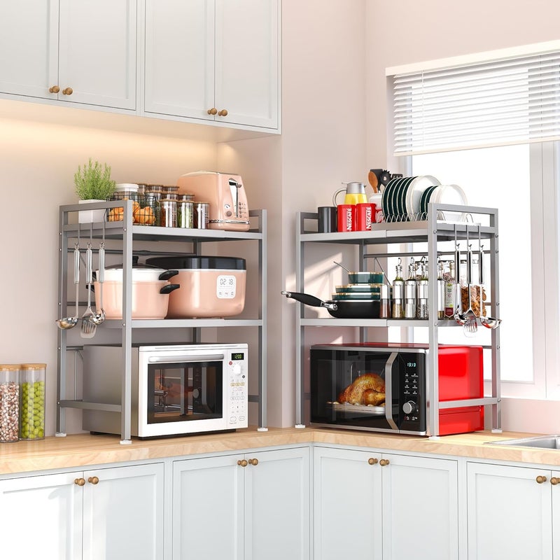 Pusdon Microwave Oven Rack, Adjustable Shelf Organizer 3-Tiers with 3 Hooks, & 160lbs Capacity for Kitchen Counter, Silver Grey - Image 5