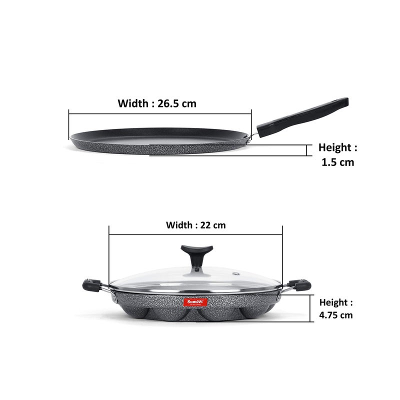 SUMEET Aluminium NonStick Argent Cookware Set (Silver, Dosa Tawa - 26.5Cm , Grill Appam Patra with Glass Lid - 12 Cavity - 22cm Dia) - Image 4
