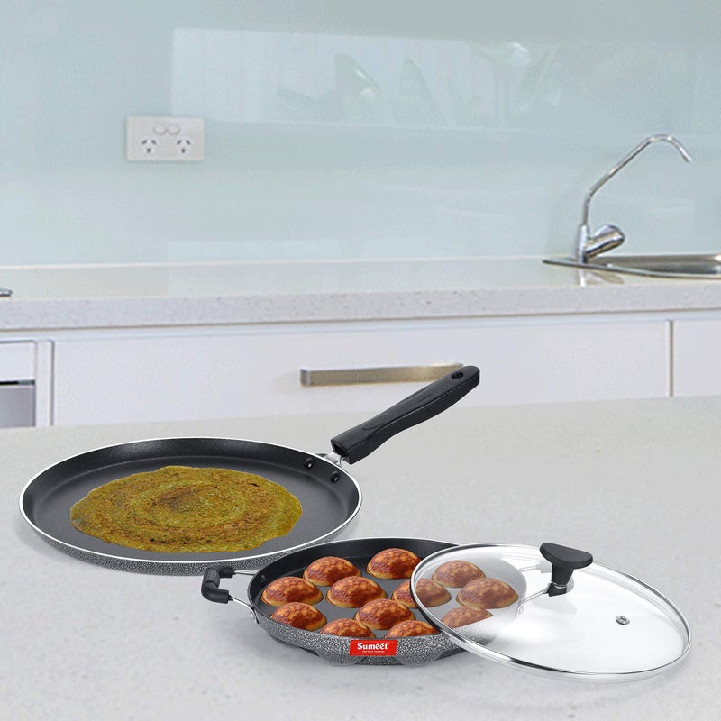 SUMEET Aluminium NonStick Argent Cookware Set (Silver, Dosa Tawa - 26.5Cm , Grill Appam Patra with Glass Lid - 12 Cavity - 22cm Dia) - Image 2