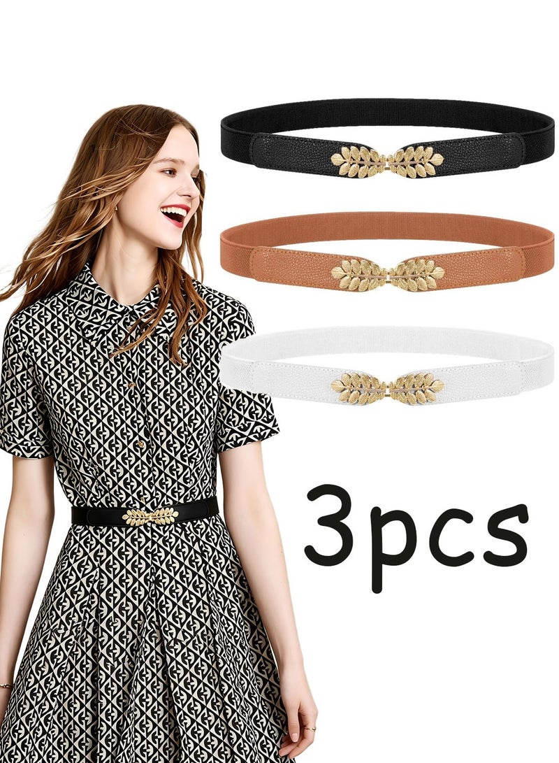 3 Pack Women Skinny Elastic Belt Leaf Alloy Buckle Stretchy Thin Waist Belt for Dresses - Image 1
