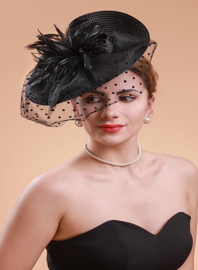 Cizoe Fascinators for Women Derby Headpiece Tea Party Hats with Veil Wedding Headware Bridal Headpiece(Black) - Image 2