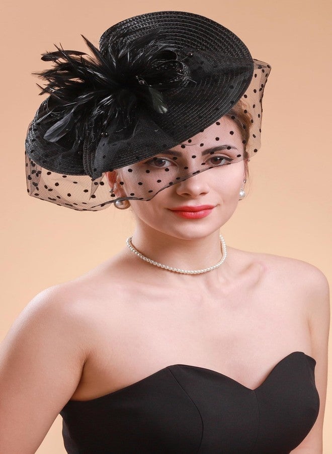 Cizoe Fascinators for Women Derby Headpiece Tea Party Hats with Veil Wedding Headware Bridal Headpiece(Black) - Image 3