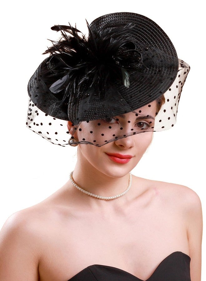 Cizoe Fascinators for Women Derby Headpiece Tea Party Hats with Veil Wedding Headware Bridal Headpiece(Black) - Image 1