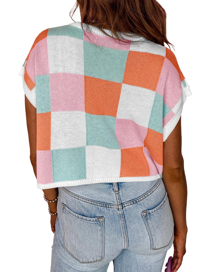 Saodimallsu Womens Cap Sleeve Crop Tops Summer Color Block Going Out Crew Neck Knit Trendy Casual Sweater A-Pink - Image 4