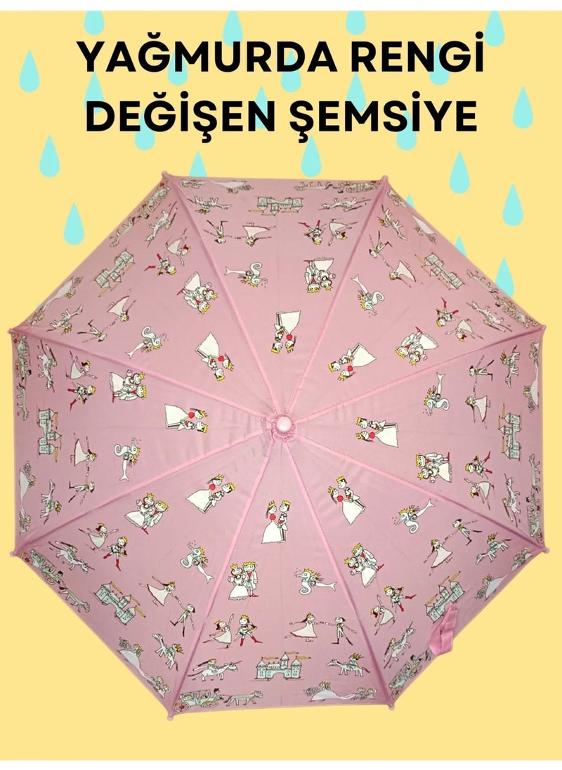 Magic Umbrella Patterned Children's Umbrella That Gets Colorful When It Gets Wet in the Rain 8-Wire Umbrella with Cane