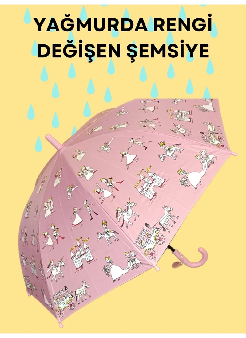 Magic Umbrella Patterned Children's Umbrella That Gets Colorful When It Gets Wet in the Rain 8-Wire Umbrella with Cane
