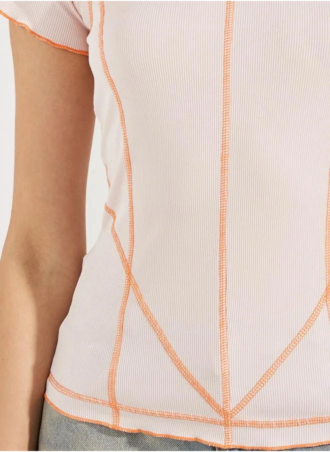 ستايلي Contrast Stitch Detail Ribbed T-Shirt