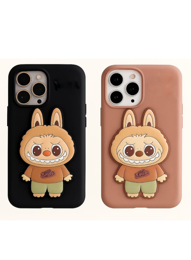كايس كلوب جراب لابوبو لهاتف آيفون 14 برو ماكس، قطعتين - غطاء سيليكون لطيف برسومات كرتونية مع حامل ثلاثي الأبعاد (أسود وبني) - Image 1