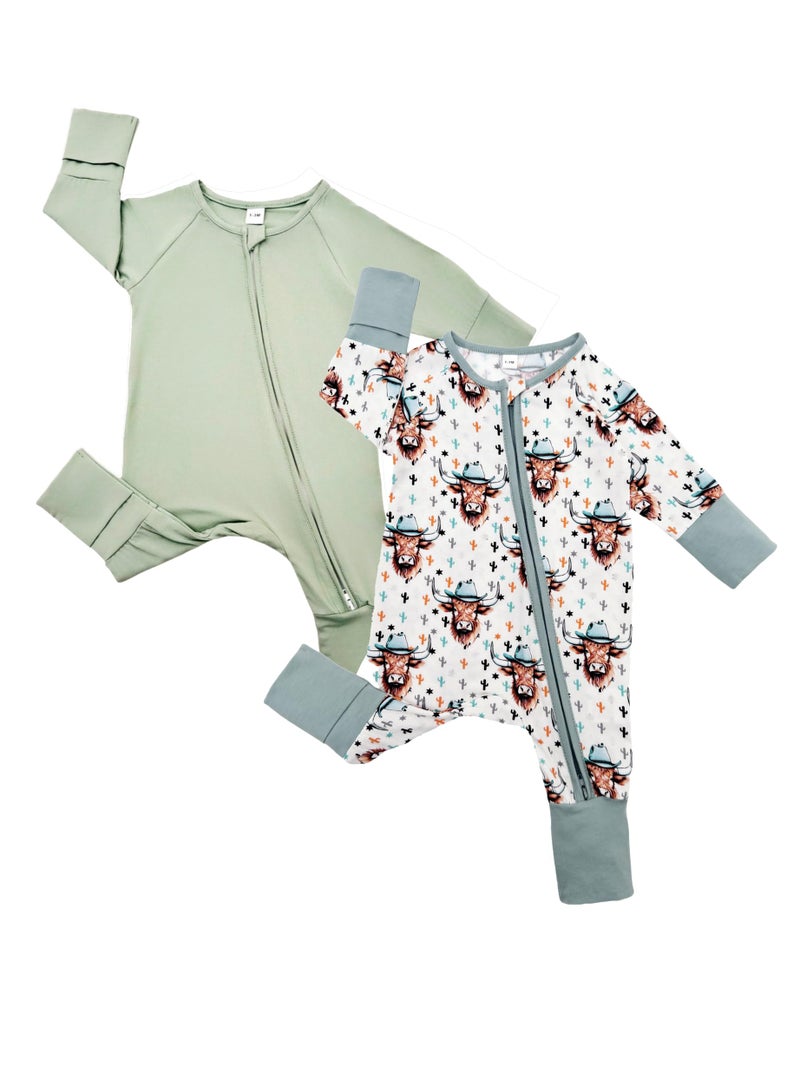 Bow Dream Baby Bamboo Rayon Romper Girl Footless Viscose Newborn Infant Footie Outfits Mitten Cuffs Toddler Boy Clothes Pea Green Bull 18-24 Months - Image 1