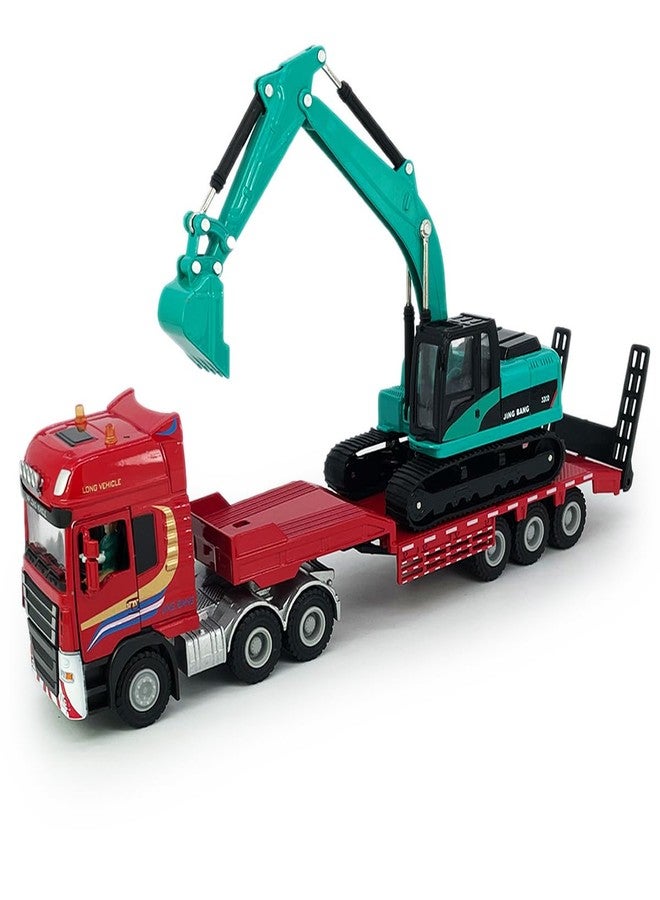 VIIGER Flatbed Truck Toy with Crawler Excavator Toy Tractor Semi Tow Truck Transport Trailer Metal Diecast Construction Vehicles 2 in 1 Vehicle Playset Friction Powered Toy Trucks for Boys Kids Gift, red - Image 1