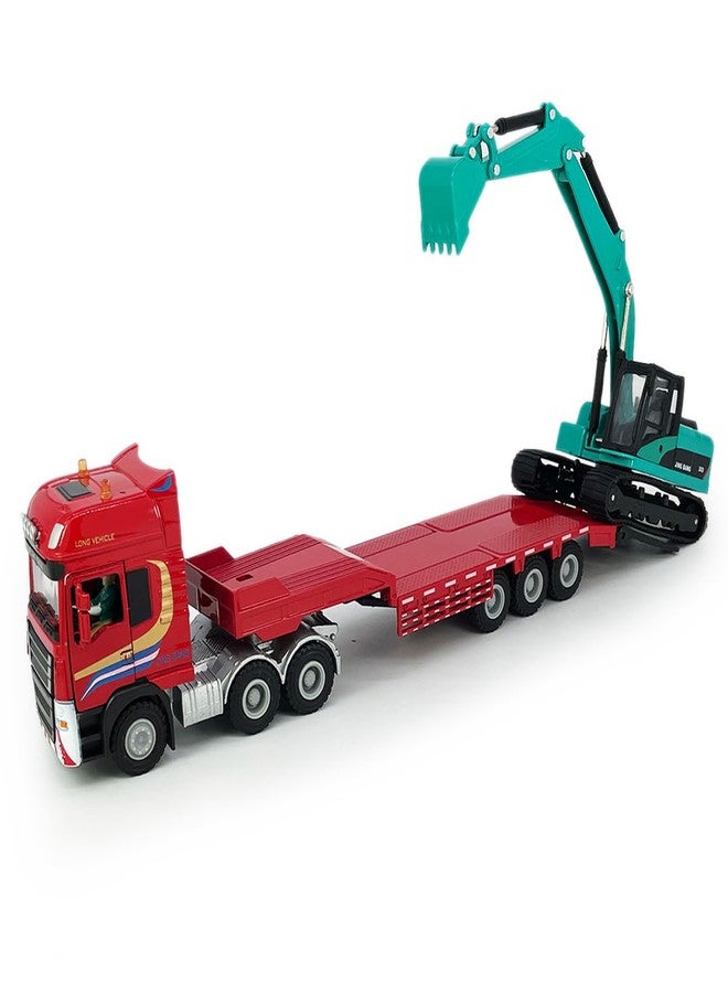 VIIGER Flatbed Truck Toy with Crawler Excavator Toy Tractor Semi Tow Truck Transport Trailer Metal Diecast Construction Vehicles 2 in 1 Vehicle Playset Friction Powered Toy Trucks for Boys Kids Gift, red - Image 2