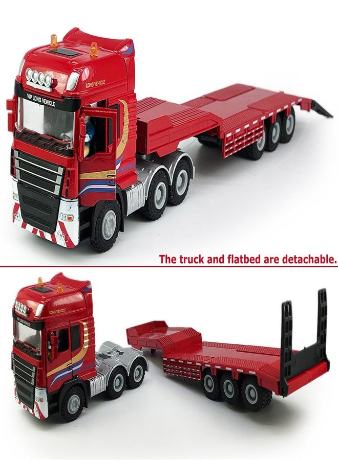 VIIGER Flatbed Truck Toy with Crawler Excavator Toy Tractor Semi Tow Truck Transport Trailer Metal Diecast Construction Vehicles 2 in 1 Vehicle Playset Friction Powered Toy Trucks for Boys Kids Gift, red - Image 3