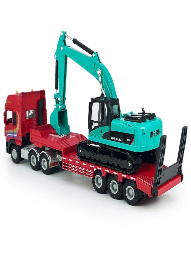 VIIGER Flatbed Truck Toy with Crawler Excavator Toy Tractor Semi Tow Truck Transport Trailer Metal Diecast Construction Vehicles 2 in 1 Vehicle Playset Friction Powered Toy Trucks for Boys Kids Gift, red - Image 5