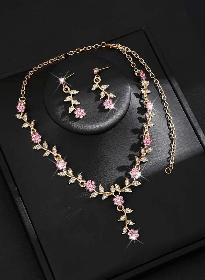 تايك تو طقم مجوهرات قلادة وأقراط مزينة بأحجار الراين أزهار قطعتين