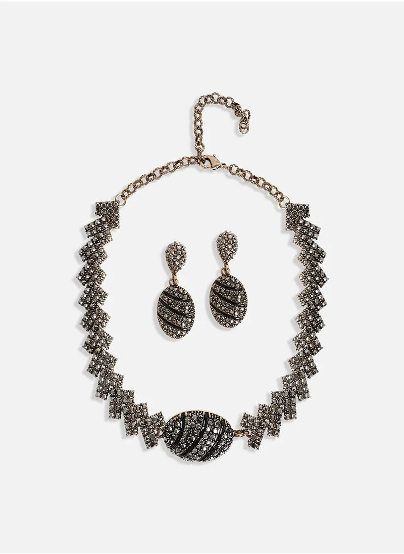 SOHI Oval Crystal Jewellery Set - Dark Silver-Colour