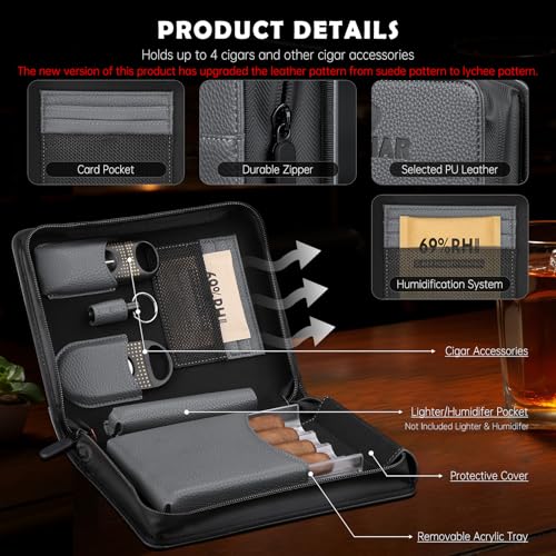 KEJIAR Leather Cigar Case Travel Humidor Box Set Includes 2 Cigar Cutter Guillotines, Punch Cutter, Humidor Humidifier Packs, Acrylic Holder Tray, Multifuntional Cigar Carrying Case (Gray) - Image 2