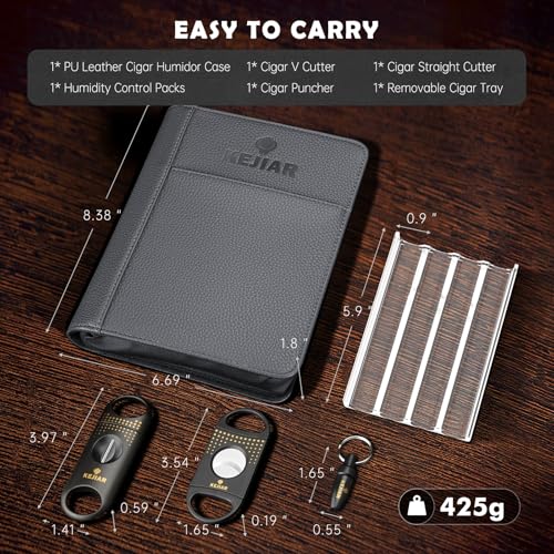 KEJIAR Leather Cigar Case Travel Humidor Box Set Includes 2 Cigar Cutter Guillotines, Punch Cutter, Humidor Humidifier Packs, Acrylic Holder Tray, Multifuntional Cigar Carrying Case (Gray) - Image 3