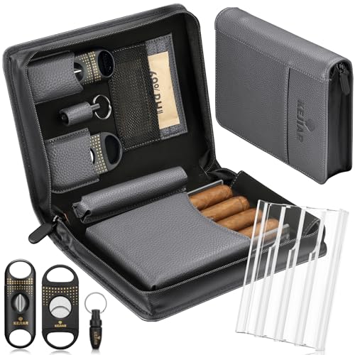 KEJIAR Leather Cigar Case Travel Humidor Box Set Includes 2 Cigar Cutter Guillotines, Punch Cutter, Humidor Humidifier Packs, Acrylic Holder Tray, Multifuntional Cigar Carrying Case (Gray) - Image 1