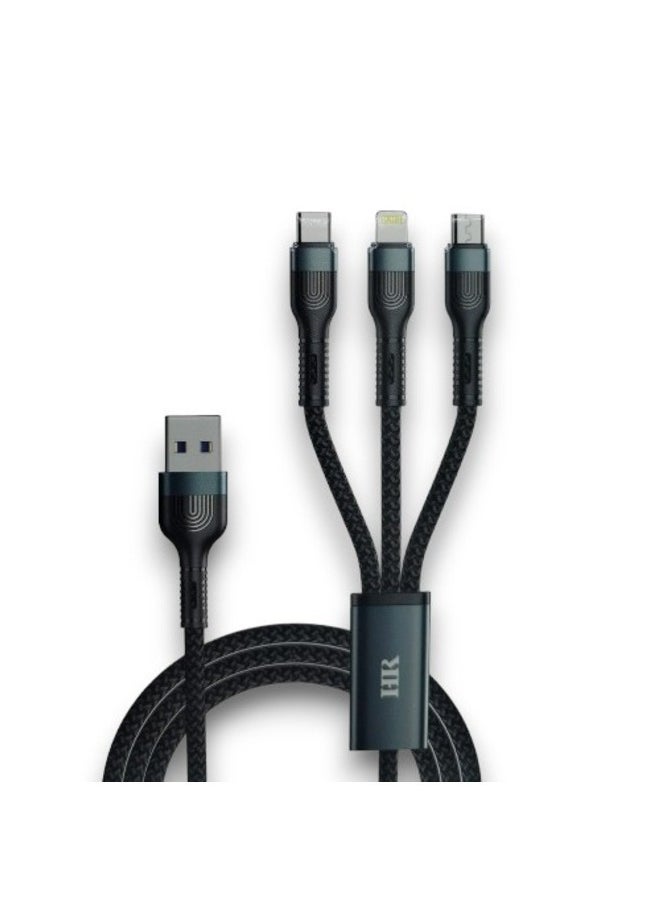 3-in-1 USB Fast Charging Cable support 3.5Amax Length 1200mm – Lightning, Type-C & Micro USB