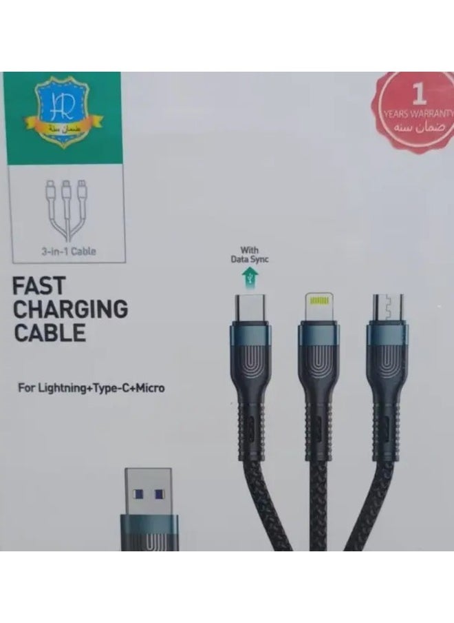 3-in-1 USB Fast Charging Cable support 3.5Amax Length 1200mm – Lightning, Type-C & Micro USB