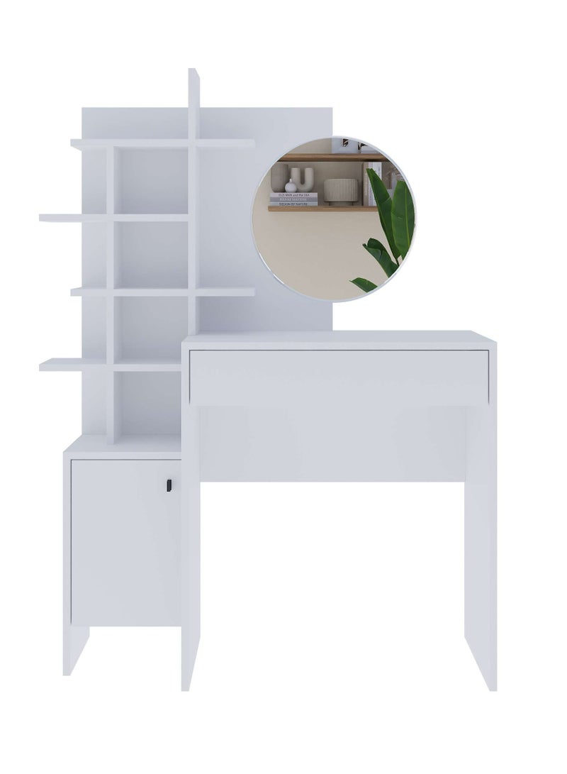 Mourah Home Mup Makeup Vanity Desk Modern Dressing Table With 1 Drawer 1 Door For Storage 5 Tier Dressing Table With Mirror Storage Cabinets Bedroom Furniture  35 X 151 X 105 Cm  White/Oak- 2 Years Warranty - Image 4