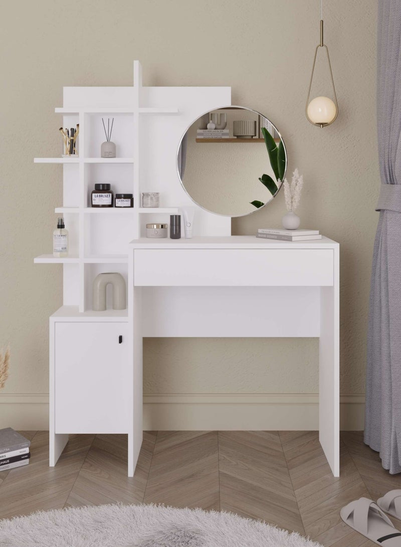 Mourah Home Mup Makeup Vanity Desk Modern Dressing Table With 1 Drawer 1 Door For Storage 5 Tier Dressing Table With Mirror Storage Cabinets Bedroom Furniture  35 X 151 X 105 Cm  White/Oak- 2 Years Warranty - Image 1