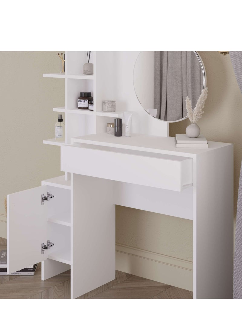 Mourah Home Mup Makeup Vanity Desk Modern Dressing Table With 1 Drawer 1 Door For Storage 5 Tier Dressing Table With Mirror Storage Cabinets Bedroom Furniture  35 X 151 X 105 Cm  White/Oak- 2 Years Warranty - Image 2