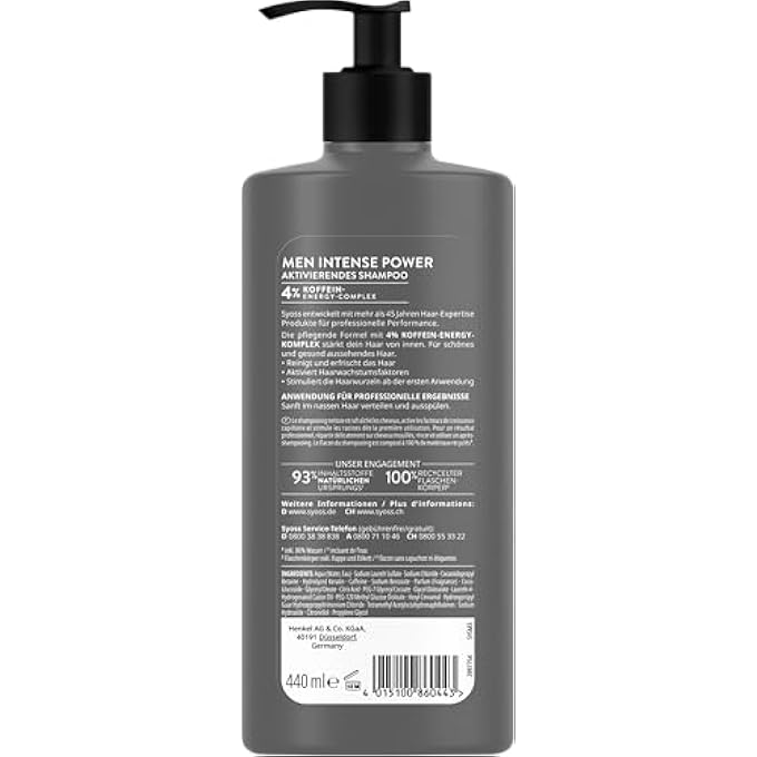 SYOSS SHAMPOO MEN POWER (440 ML), STRENGTHENING MEN'S SHAMPOO WITH CAFFEINE & POWER BOOST TECHNOLOGY STIMULATES THE HAIR ROOTS, HAIR SHAMPOO FOR NORMAL HAIR - Image 2