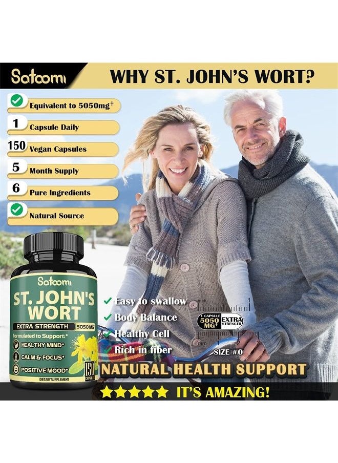 Satoomi - St. John's Wort Capsules Extract - 𝟓 𝐌𝐨𝐧𝐭𝐡 𝐒𝐮𝐩𝐩𝐥𝐲 - 𝟔 𝐈𝐍 𝟏 Herbal Supplement Equivalent to 5050mg with Ashwagandha, Ginkgo Biloba & More -Sleep & Mood Enhancer for Women Men, 150Count - Image 1