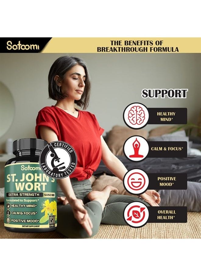 Satoomi - St. John's Wort Capsules Extract - 𝟓 𝐌𝐨𝐧𝐭𝐡 𝐒𝐮𝐩𝐩𝐥𝐲 - 𝟔 𝐈𝐍 𝟏 Herbal Supplement Equivalent to 5050mg with Ashwagandha, Ginkgo Biloba & More -Sleep & Mood Enhancer for Women Men, 150Count - Image 1