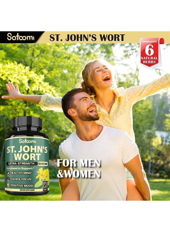 Satoomi - St. John's Wort Capsules Extract - 𝟓 𝐌𝐨𝐧𝐭𝐡 𝐒𝐮𝐩𝐩𝐥𝐲 - 𝟔 𝐈𝐍 𝟏 Herbal Supplement Equivalent to 5050mg with Ashwagandha, Ginkgo Biloba & More -Sleep & Mood Enhancer for Women Men, 150Count - Image 1