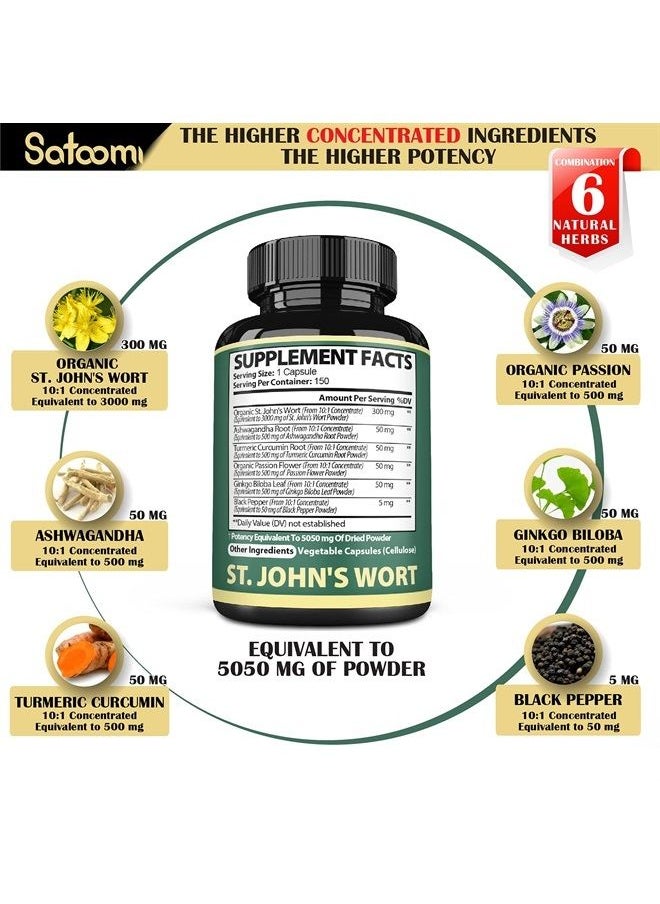 Satoomi - St. John's Wort Capsules Extract - 𝟓 𝐌𝐨𝐧𝐭𝐡 𝐒𝐮𝐩𝐩𝐥𝐲 - 𝟔 𝐈𝐍 𝟏 Herbal Supplement Equivalent to 5050mg with Ashwagandha, Ginkgo Biloba & More -Sleep & Mood Enhancer for Women Men, 150Count - Image 1