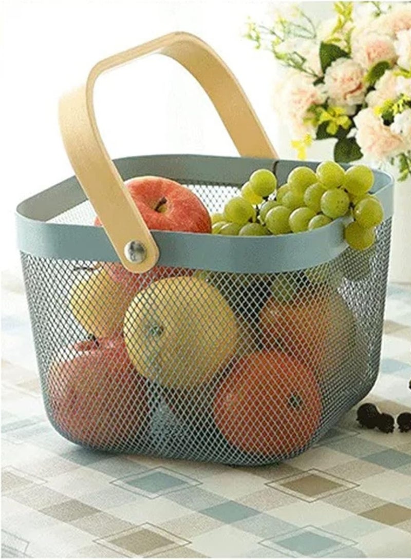Metal Mesh Steel Basket, Storage Organizer Basket Multi-functional Hanging Kitchen Baskets Fruit Basket Bin with Bamboo Handle for Kitchen Bathroom Picnic Decor Cabinet Home, Blue - Image 3