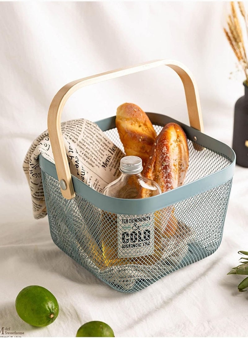 Metal Mesh Steel Basket, Storage Organizer Basket Multi-functional Hanging Kitchen Baskets Fruit Basket Bin with Bamboo Handle for Kitchen Bathroom Picnic Decor Cabinet Home, Blue - Image 4
