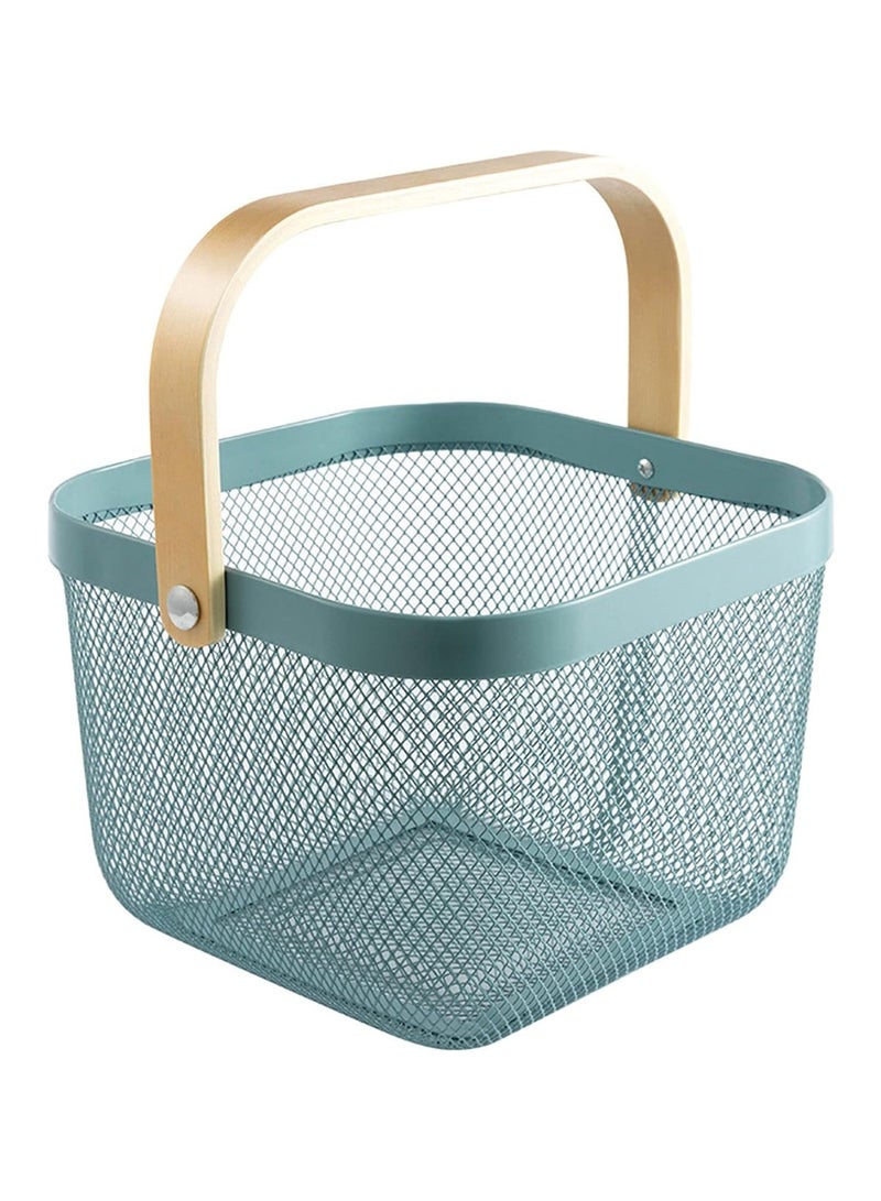 Metal Mesh Steel Basket, Storage Organizer Basket Multi-functional Hanging Kitchen Baskets Fruit Basket Bin with Bamboo Handle for Kitchen Bathroom Picnic Decor Cabinet Home, Blue - Image 1