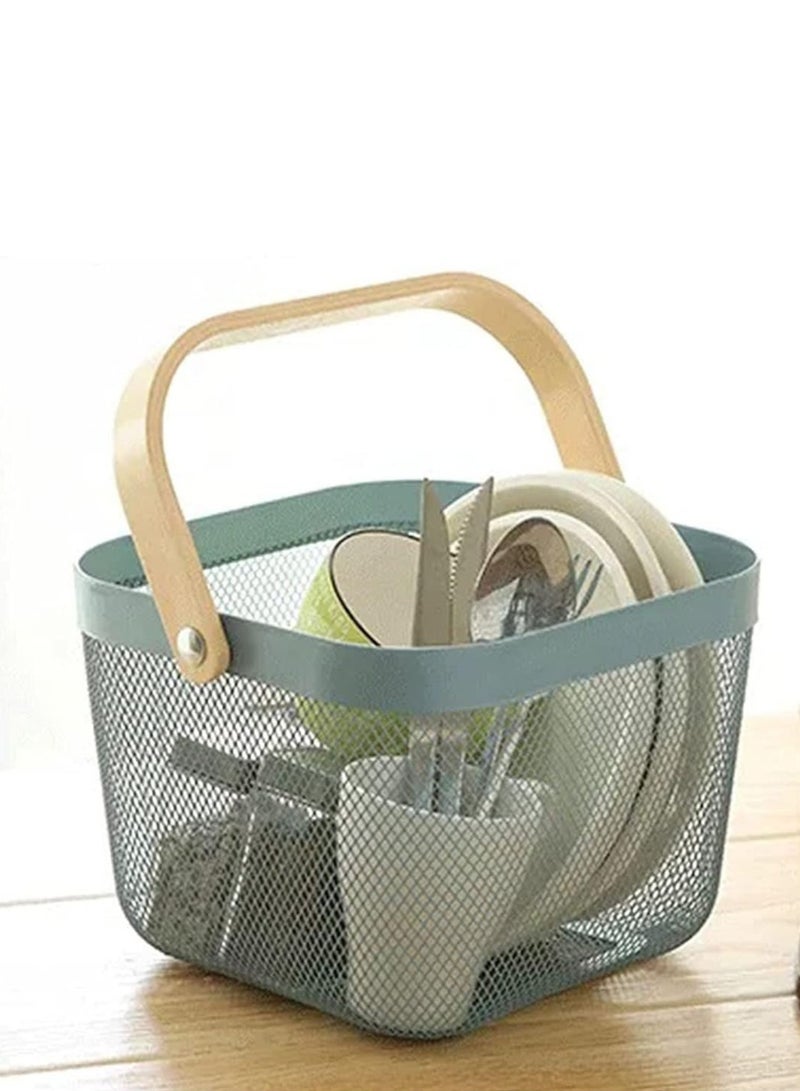 Metal Mesh Steel Basket, Storage Organizer Basket Multi-functional Hanging Kitchen Baskets Fruit Basket Bin with Bamboo Handle for Kitchen Bathroom Picnic Decor Cabinet Home, Blue - Image 2