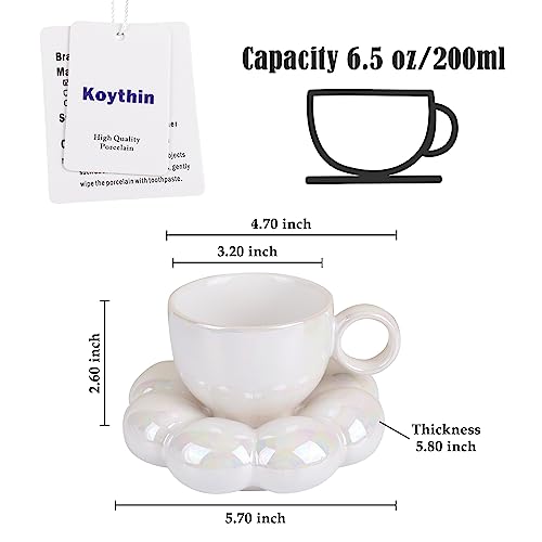 Koythin مجموعة أكواب قهوة سيراميك كويثين مع صحن، كوب مبتكر لطيف مع قاعدة على شكل زهرة لبيئة المكتب والمنزل، 6.5 أونصة/200 مل للشاي واللاتيه والحليب (أبيض لؤلؤي) - Image 2