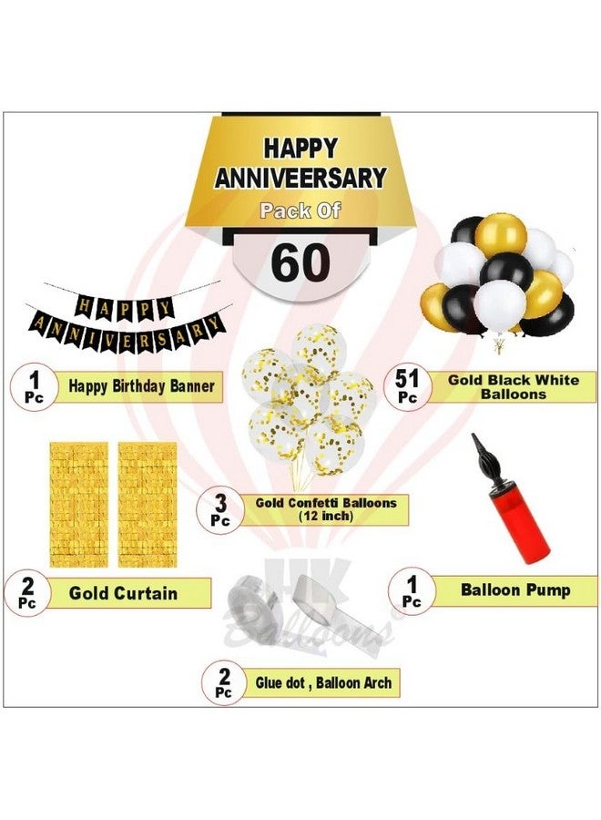 HK balloons 60 Pcs Set Happy Anniversarya Card Stock Paper Banner Balloon Arch Decoration Set With Confetti Balloon Pump And Square Curatains|Black Gold White - Image 2