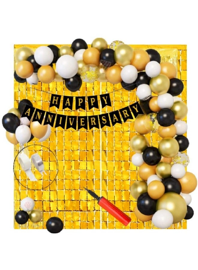 HK balloons 60 Pcs Set Happy Anniversarya Card Stock Paper Banner Balloon Arch Decoration Set With Confetti Balloon Pump And Square Curatains|Black Gold White - Image 1