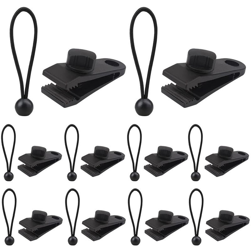 AOPRIE AOPRIE 10 Sets of Bungee Balls and Tarp Clips Black 6 Inches Ball Bungee Cord Heavy Duty Lock Grip Clamps Shark Fasteners Holder for Camping Tents Cargo Pool Awning Car Cover Holding Wire Hoses