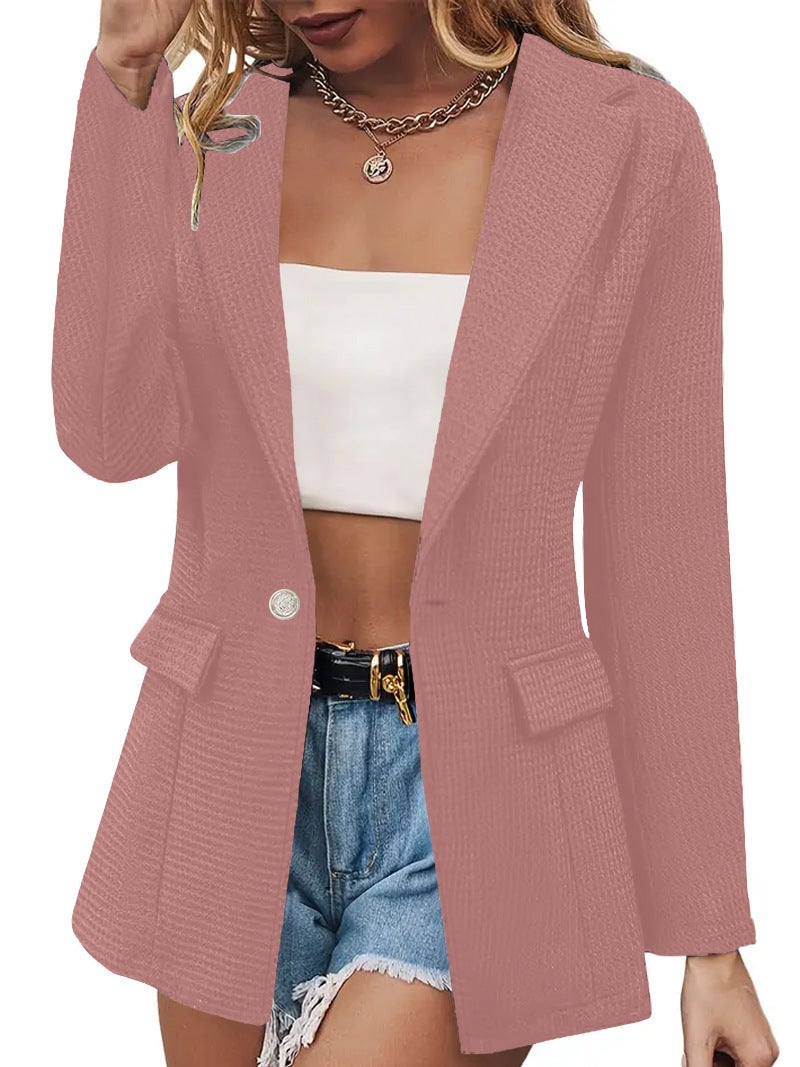 2023 Amazon TEMU European and American cross-border new fake pocket casual fashion long sleeve solid color small suit jacket for women Lotus root color