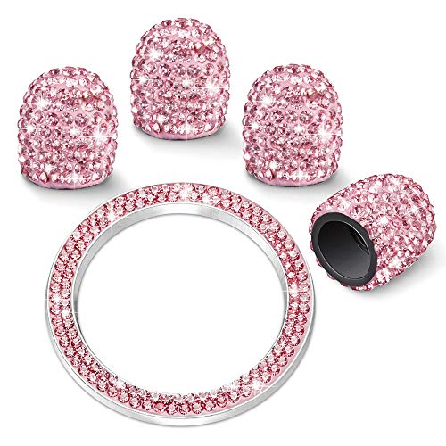 WINKA Rhinestone 4pcs Car Tire Valve Stem Caps with 1pcs Bling Car Engine Button Cover Unversal Ignition Ring for Car Keylees Ring Diamond Car Tire Caps Bling Car Accessories Pink - Image 1